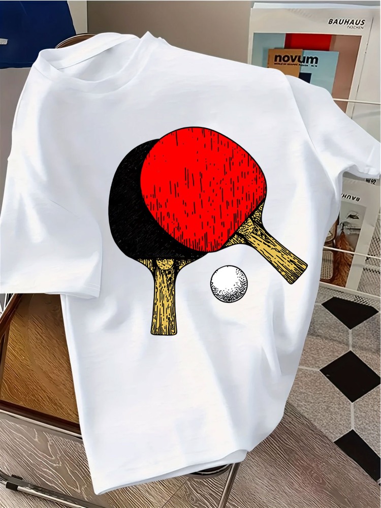 Table Tennis Graphics - メンズネイビークルーネックTシャツ ヴィンテージ卓球ラケットボールグラフィック スポーツルーズサマーカジュアルデイリーソフトストリート半袖シャツ