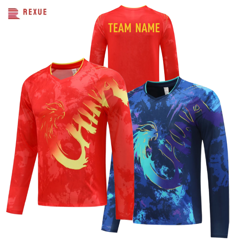 Table Tennis China - 中国ドラゴン長袖卓球シャツ 2024 赤青中国チームバドミントンジャージ男性女性のためのチーム名ロゴを印刷することができます