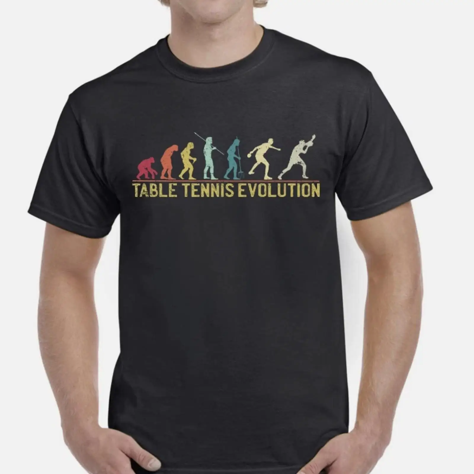 Table Tennis Graphics - お父さん向けトップTシャツ、卓球の進化をモチーフにしたスポーツコットン、快適なヴィンテージウォッシュ加工、ユニセックス、スタイリッシュ、カジュアル、グラフィック、ストレッチ素材